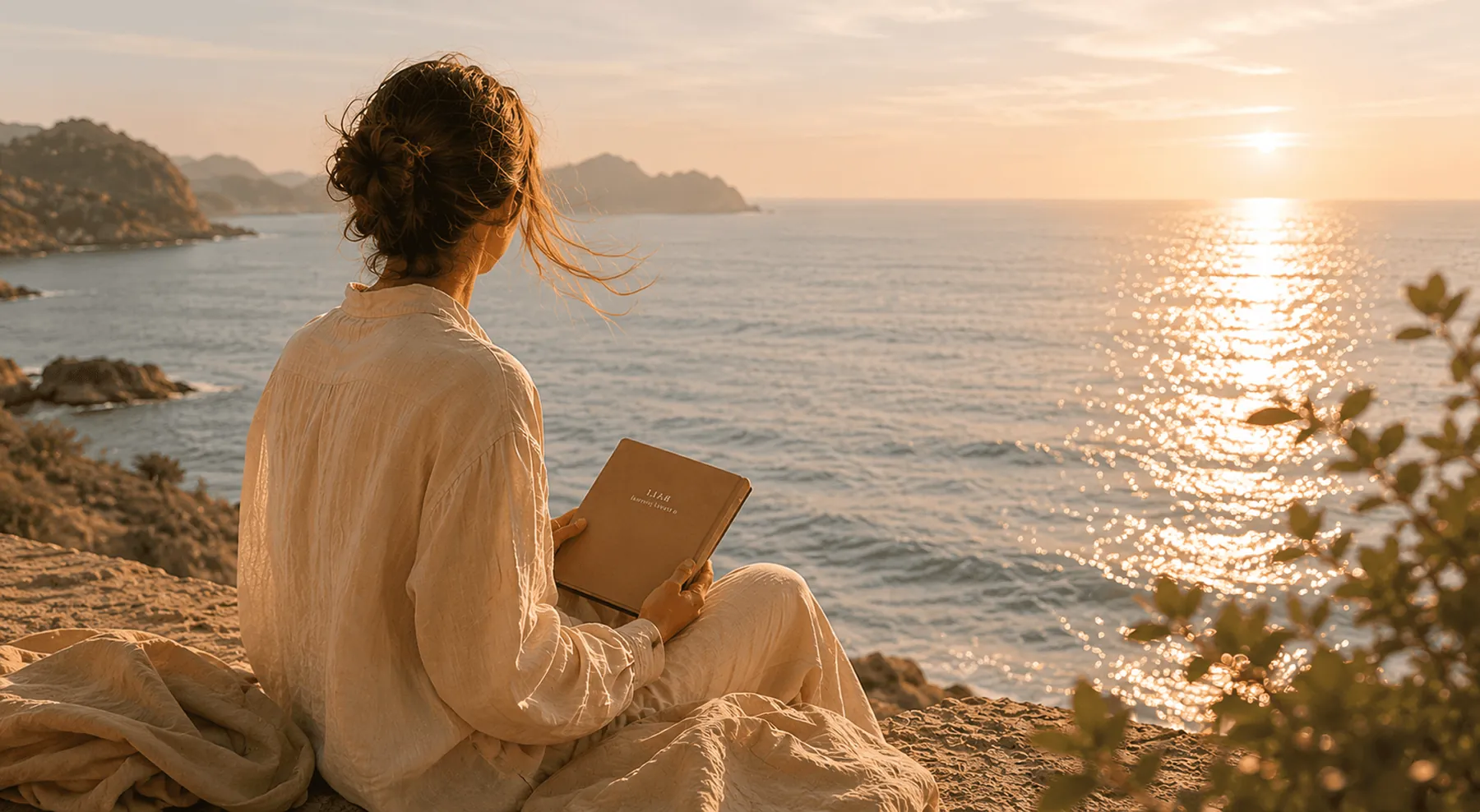 Una mujer lee un journal de NOMA frente al mar al atardecer