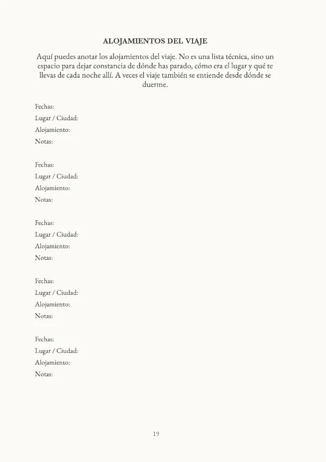 Página "Alojamientos del viaje" para rellenar